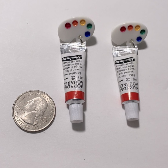 Acrylic Paint Tube & Palette Earrings Dark Red - Picture 2 of 3